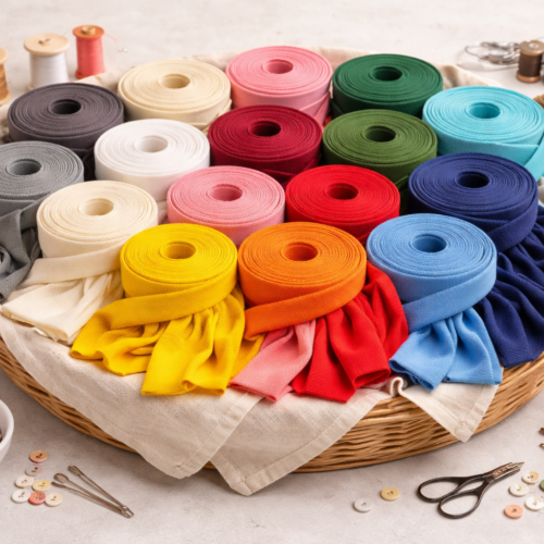 Elastisches Jersey-Schrägband aus 96% Baumwolle & 4% Elasthan. Perfekt zum Einfassen von dehnbaren Stoffen – weich, flexibel & hautfreundlich.