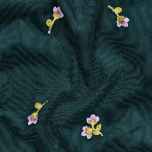 Feincord Embroidery Flowers Dark Green