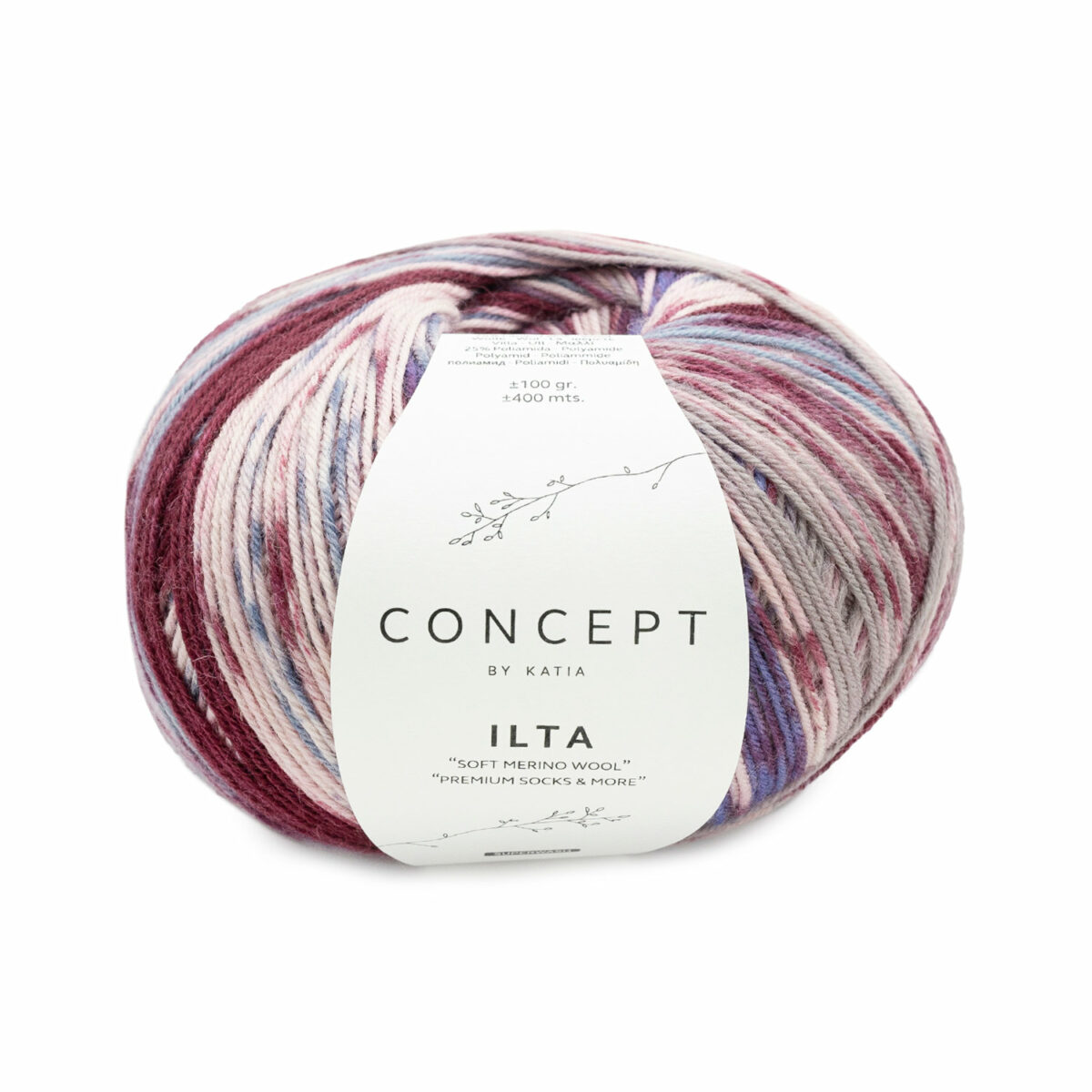 Katia Sockenwolle Concept "Ilta Soft Merino Wool" Farbe 203 Grünblau-Weinrot-Grau - 100g