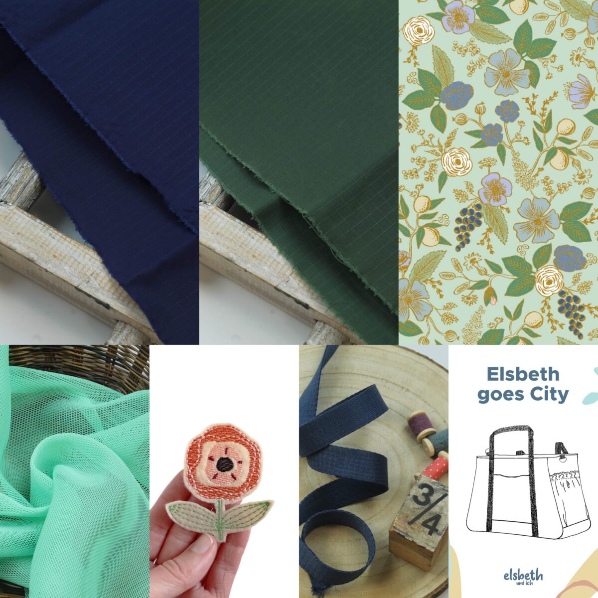 Nähset: Rucksacktasche "Elsbeth_goes_City" Organic Navy/Deep Green + Rifle Paper"