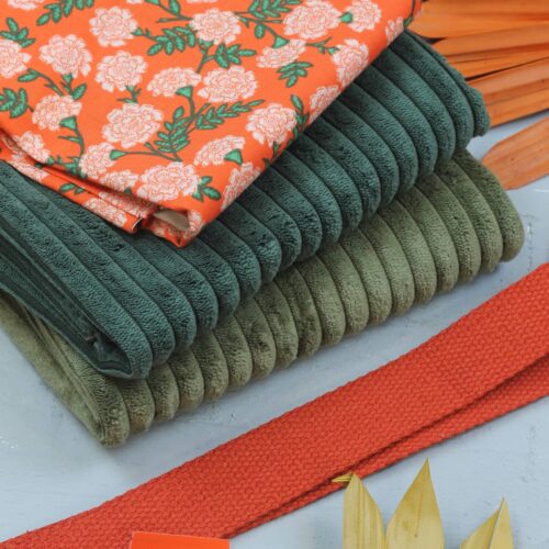 Nähset: Shopping Bag Breitcord Green/Khaki & Fowers Red