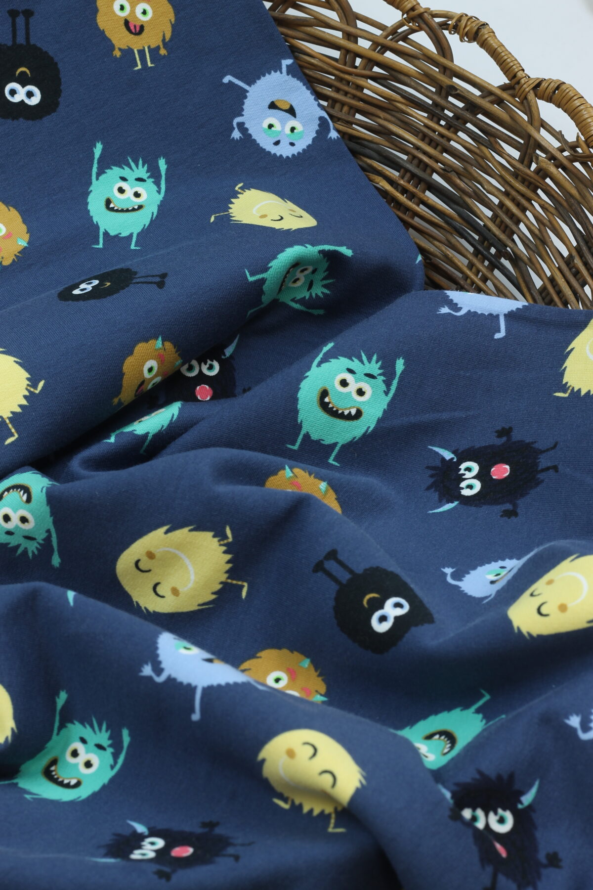 Sommersweat / French Terry "Funny Monsters" Jeansblau