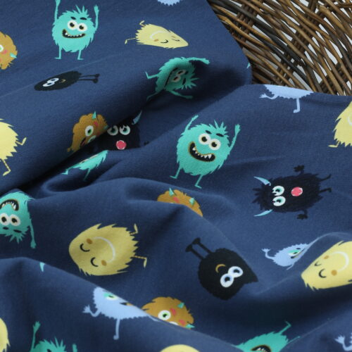 Sommersweat / French Terry "Funny Monsters" Jeansblau