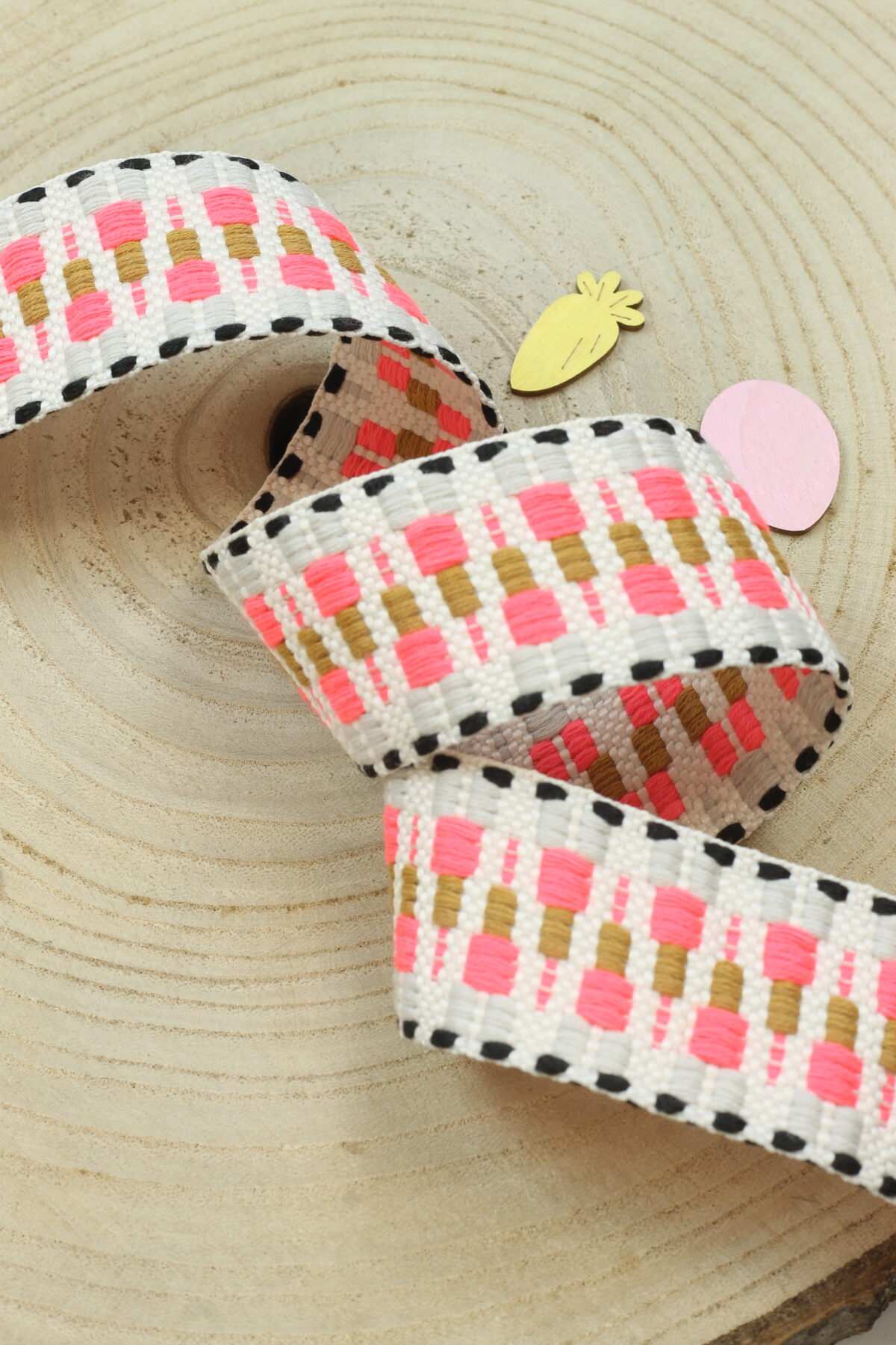 Baumwollgurtband 4cm breit: Zickzack Ecru/Pink/Ocker