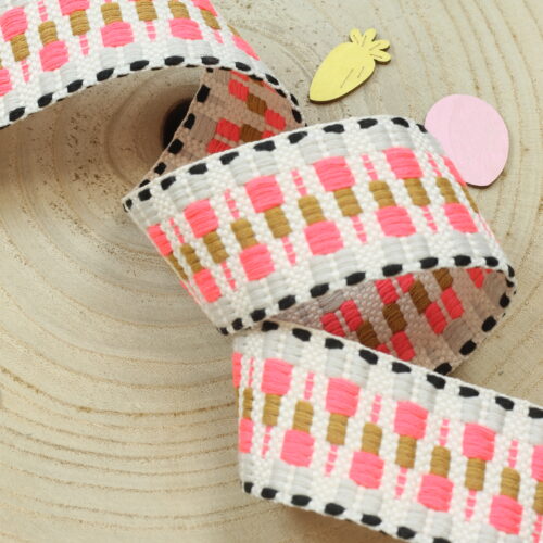 Baumwollgurtband 4cm breit: Zickzack Ecru/Pink/Ocker