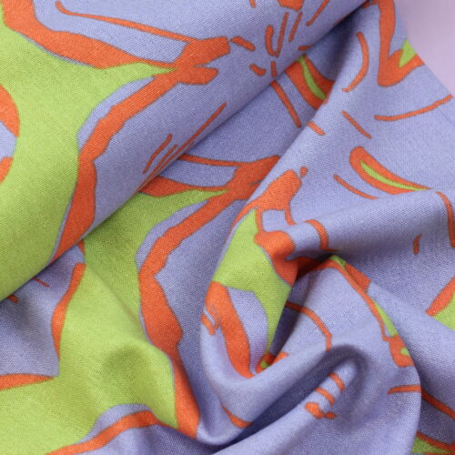 Viskose-/Leinengemisch "Große Blätter Green/Pumpkin/Lilac"