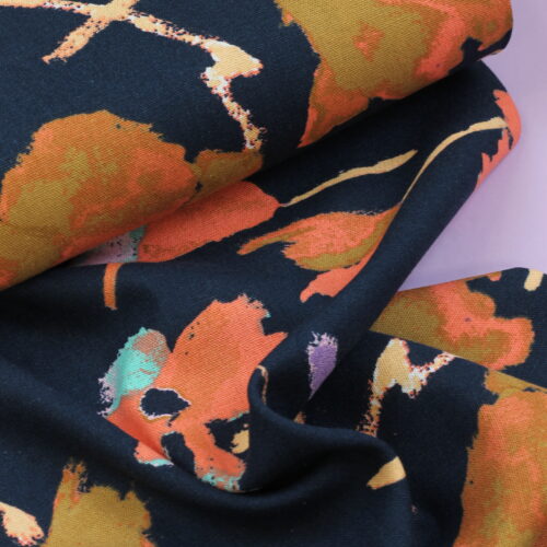 Viskose-/Leinengemisch "Blumenmuster Navy"