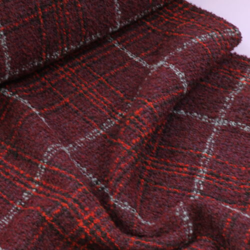 Italienischer Deadstock: Mantelstoff Unregelmäßiges Karo Bordeaux/Rot/Schwarz/Grau