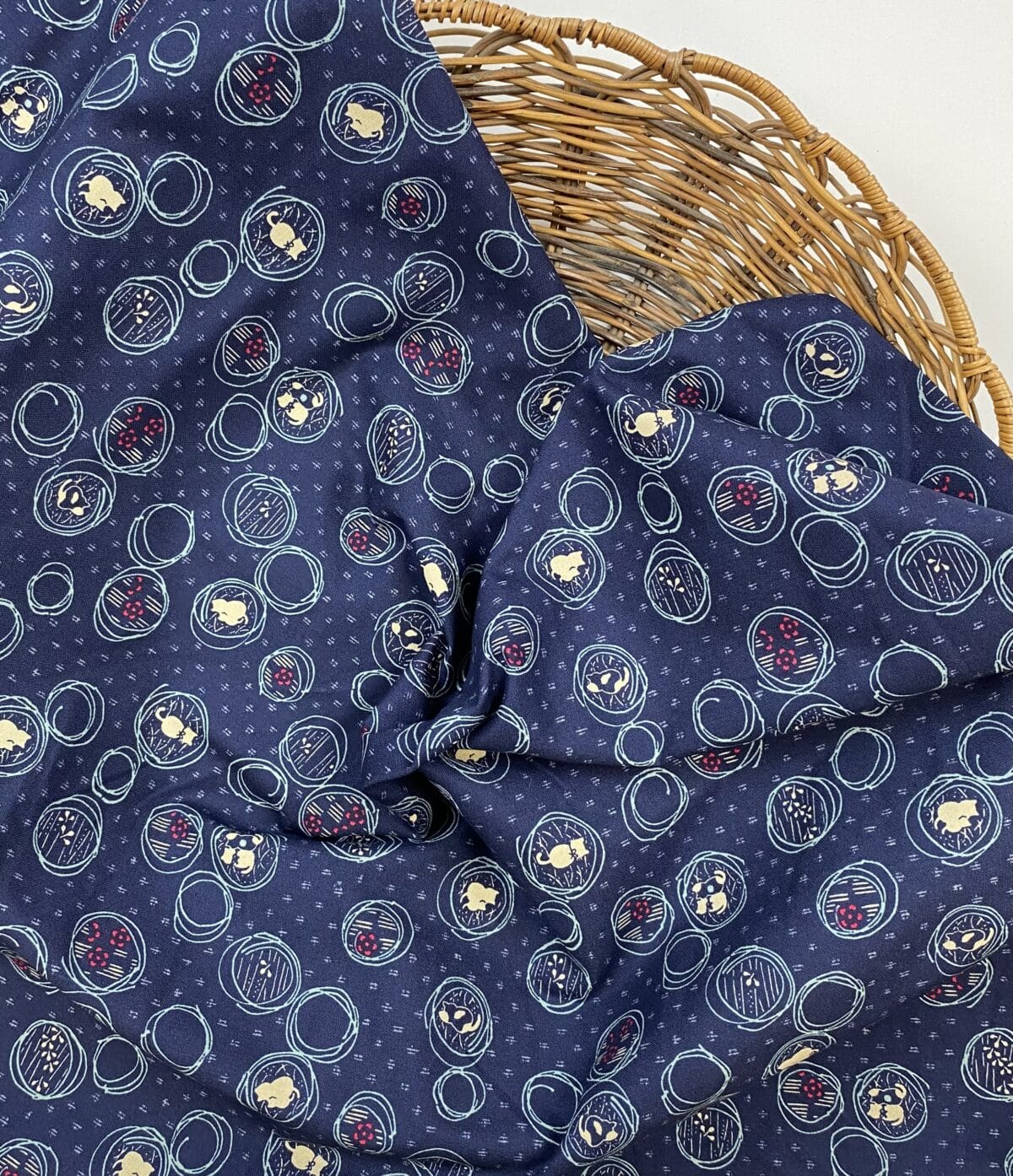 Japanisch: Leichter Baumwoll/Leinenstoff "Katzen" Navy/Mint