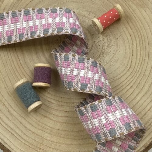 Baumwollgurtband 4cm breit: Zickzack Ecru/Rosé/Grey