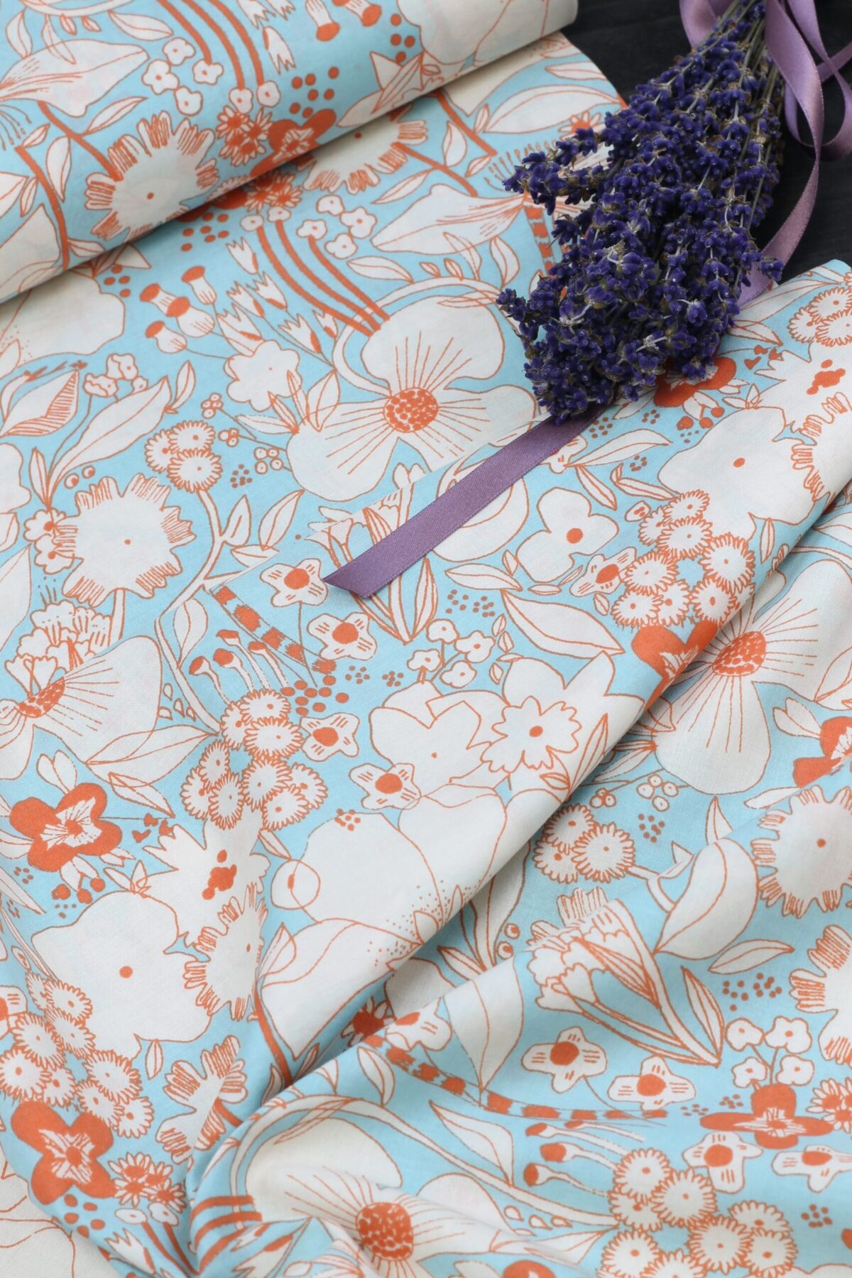 Baumwolle: Japanisch Blumengarten Orange/Bleu