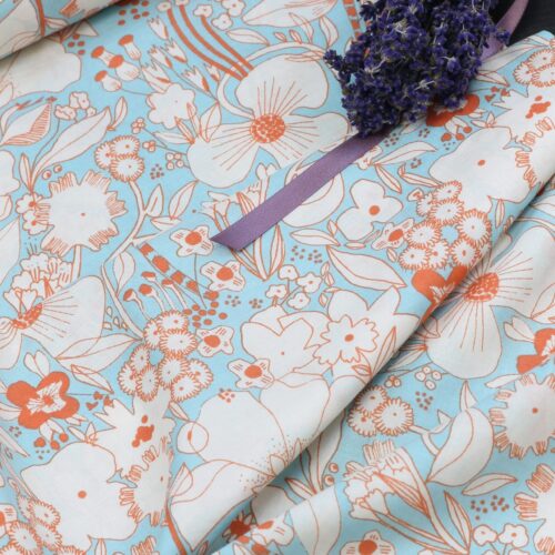 Baumwolle: Japanisch Blumengarten Orange/Bleu
