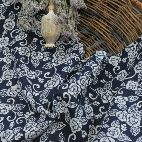 Baumwolle: Japanisch "Florales Muster" Navy in Leinenoptik