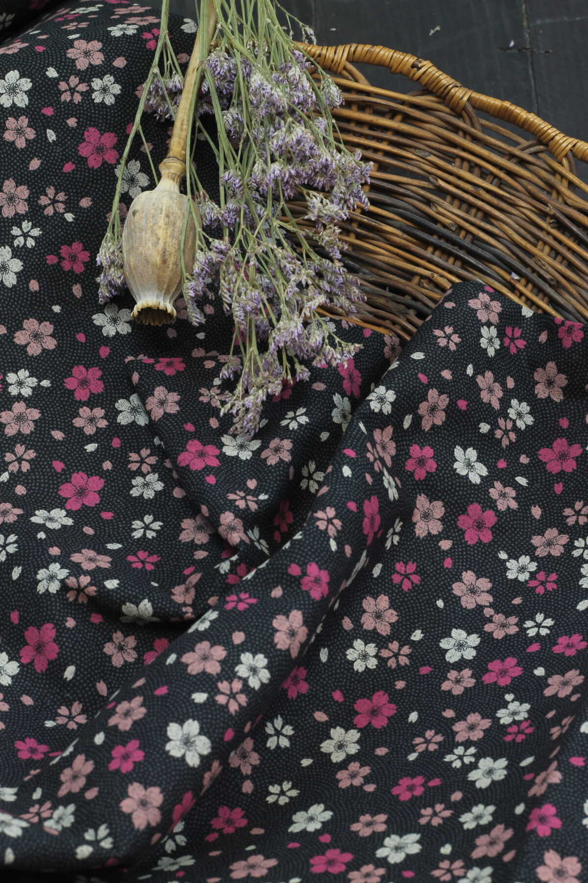 Baumwolle: Japanisch "Blümchen" Schwarz